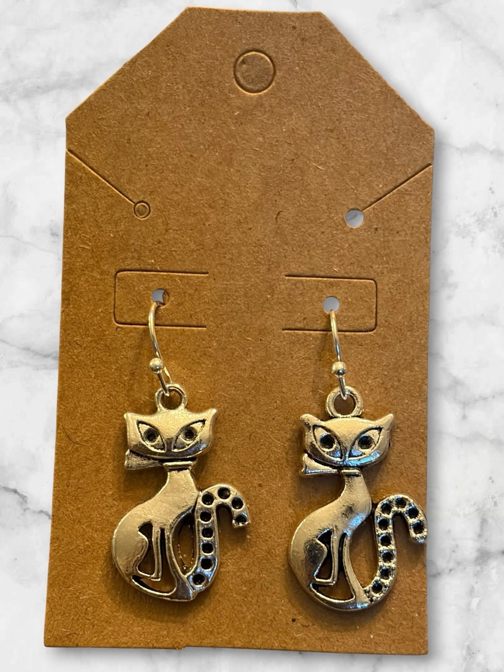 Silver Cat Dangle Earrings - Cute Cat Design